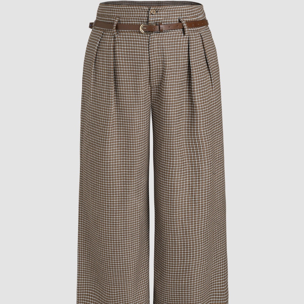Houndstooth Mid Waist Belted Wide Leg Trousers